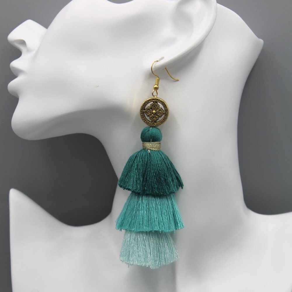 Jewelry earrings drop dangle tassel boho style gold mint elegant beautiful long - Picture 4 of 9